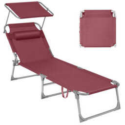 LEDREM Sun Lounger, Deck Chair Folding, 193 X 53 X 29 Cm, Max. Load 150 Kg, With Sunshade Headrest Adjustable Backrest, Red - thumbnail 2