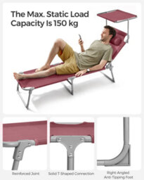 LEDREM Sun Lounger, Deck Chair Folding, 193 X 53 X 29 Cm, Max. Load 150 Kg, With Sunshade Headrest Adjustable Backrest, Red - thumbnail 7