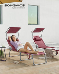 LEDREM Sun Lounger, Deck Chair Folding, 193 X 53 X 29 Cm, Max. Load 150 Kg, With Sunshade Headrest Adjustable Backrest, Red - thumbnail 3