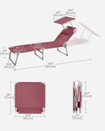 LEDREM Sun Lounger, Deck Chair Folding, 193 X 53 X 29 Cm, Max. Load 150 Kg, With Sunshade Headrest Adjustable Backrest, Red - thumbnail 8