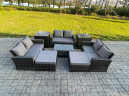Fimous 8 Pc Rattan Sofa Garden Furniture Outdoor Patio Set With 2 Side Tables 2 Big Footstool Love Seat Sofa Dark Grey Mixed - thumbnail 1