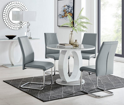 Furniturebox Giovani Round 4 Seat 100Cm White High Gloss Unique Halo Base Grey Glass Top Dining Table 4 Grey Faux Leather Lorenzo Chairs - image 1