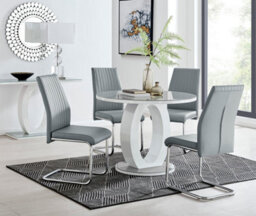 Furniturebox Giovani Round 4 Seat 100Cm White High Gloss Unique Halo Base Grey Glass Top Dining Table 4 Grey Faux Leather Lorenzo Chairs - thumbnail 1