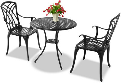 Homeology Oshowa Black Cast Aluminium Weatherproof Outdoor Garden Table With 2 Chairs Bistro Set - image 1