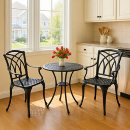 Homeology Oshowa Black Cast Aluminium Weatherproof Outdoor Garden Table With 2 Chairs Bistro Set - thumbnail 8