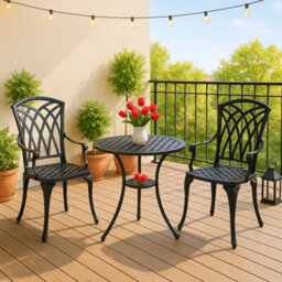 Homeology Oshowa Black Cast Aluminium Weatherproof Outdoor Garden Table With 2 Chairs Bistro Set - thumbnail 2