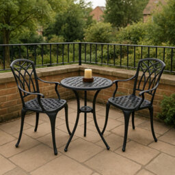 Homeology Oshowa Black Cast Aluminium Weatherproof Outdoor Garden Table With 2 Chairs Bistro Set - thumbnail 3