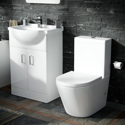 Nes Home Dyon 550mm Floorstanding Basin Vanity Unit White & Rimless Close Coupled Toilet - image 1