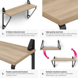 Tectake Wall Shelves Irvine - Set Of 2, Wood & Metal Look, High Load-Capacity  - Industrial Wood Light, Oak Sonoma - thumbnail 5