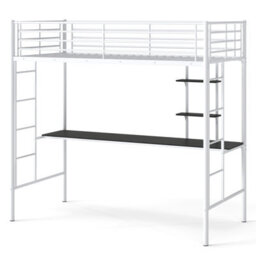 Costway Single Size Loft Bed With Desk & Shelves Metal Bed Frame With 2 Ladders-White - thumbnail 2