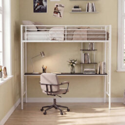 Costway Single Size Loft Bed With Desk & Shelves Metal Bed Frame With 2 Ladders-White - thumbnail 4