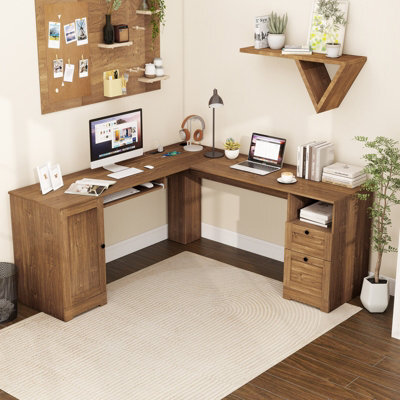 Costway 168Cm L-Shaped Computer Desk Modern Office Desk W/ Power Outlets-Natural - image 1