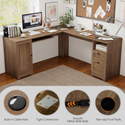 Costway 168Cm L-Shaped Computer Desk Modern Office Desk W/ Power Outlets-Natural - thumbnail 6