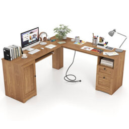Costway 168Cm L-Shaped Computer Desk Modern Office Desk W/ Power Outlets-Natural - thumbnail 2