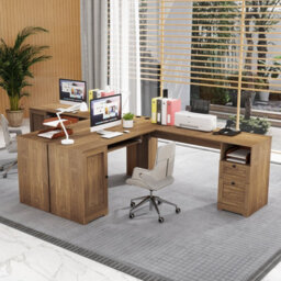 Costway 168Cm L-Shaped Computer Desk Modern Office Desk W/ Power Outlets-Natural - thumbnail 8