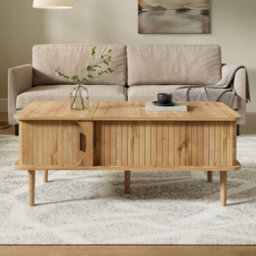Btm Retro Coffee Table With Lift Top Sliding Door Wood Look Finish Vertical Grooves Wooden Legs Living Room Table - thumbnail 3