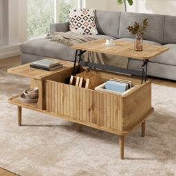 Btm Retro Coffee Table With Lift Top Sliding Door Wood Look Finish Vertical Grooves Wooden Legs Living Room Table - thumbnail 2