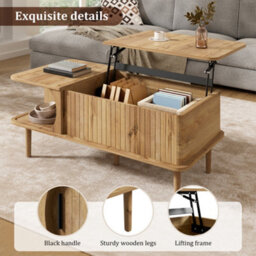 Btm Retro Coffee Table With Lift Top Sliding Door Wood Look Finish Vertical Grooves Wooden Legs Living Room Table - thumbnail 6
