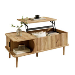 Btm Retro Coffee Table With Lift Top Sliding Door Wood Look Finish Vertical Grooves Wooden Legs Living Room Table - thumbnail 1