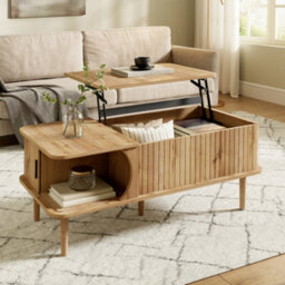 Btm Retro Coffee Table With Lift Top Sliding Door Wood Look Finish Vertical Grooves Wooden Legs Living Room Table - thumbnail 4