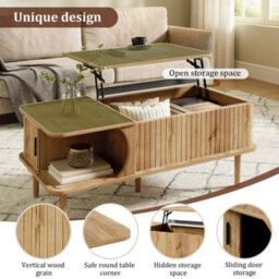 Btm Retro Coffee Table With Lift Top Sliding Door Wood Look Finish Vertical Grooves Wooden Legs Living Room Table - thumbnail 8