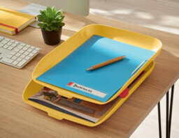 Leitz Cosy Warm Yellow Plastic Home Office Desk Storage Organiser Rectangular Wide Open A4 Document Magazine Set Of 2 Letter Trays - thumbnail 2