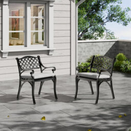 Breeins Set Of 2 Black Vintage And Elegant Cast Aluminium Chairs With Seat Cushions Located In Garden Patio And Balcony - thumbnail 2