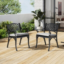 Breeins Set Of 2 Black Vintage And Elegant Cast Aluminium Chairs With Seat Cushions Located In Garden Patio And Balcony - thumbnail 1