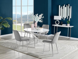 Furniturebox Novara White High Gloss 120Cm Round Dining Table With Chrome Starburst Legs & 6 Grey Pesaro Velvet Chairs