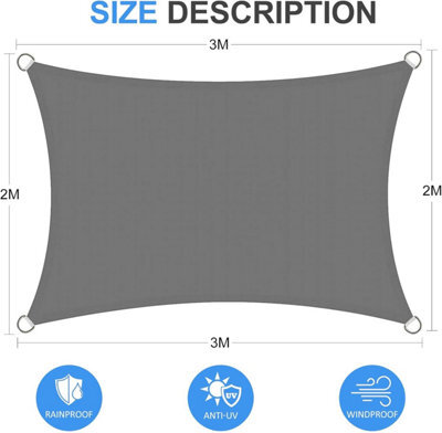 Waterproof Rectangular Sun Shade Sail 2 X 3 M 95% Uv Protection For Outdoor Patio Garden Balcony (Grey) - image 1