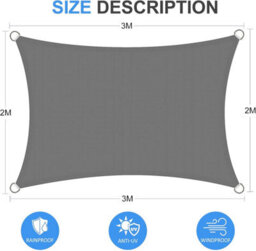 Waterproof Rectangular Sun Shade Sail 2 X 3 M 95% Uv Protection For Outdoor Patio Garden Balcony (Grey)