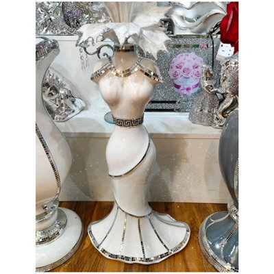 Italian Sparkly Vase Romany Mirrored Mosaic Lady Shape 60X40Cm White Silver