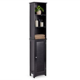 Vonhaus Tall Bathroom Cabinet, Black Bathroom Tallboy, Adjustable Shelves, Tall Bathroom Storage, 3 Internal & 3 Open Shelves