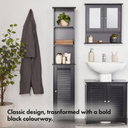 Vonhaus Tall Bathroom Cabinet, Black Bathroom Tallboy, Adjustable Shelves, Tall Bathroom Storage, 3 Internal & 3 Open Shelves - thumbnail 2