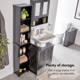 Vonhaus Tall Bathroom Cabinet, Black Bathroom Tallboy, Adjustable Shelves, Tall Bathroom Storage, 3 Internal & 3 Open Shelves - thumbnail 3
