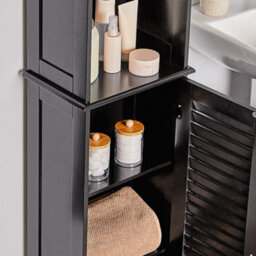 Vonhaus Tall Bathroom Cabinet, Black Bathroom Tallboy, Adjustable Shelves, Tall Bathroom Storage, 3 Internal & 3 Open Shelves - thumbnail 5
