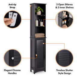Vonhaus Tall Bathroom Cabinet, Black Bathroom Tallboy, Adjustable Shelves, Tall Bathroom Storage, 3 Internal & 3 Open Shelves - thumbnail 7