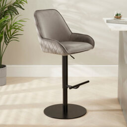 The Furniture Market Savoy Storm Grey Velvet Adjustable Bar Stool Black Painted Base Swivel 360 Diamond Quilted Back Kitchen & Bar Top Use - thumbnail 1