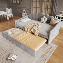 Btm 3Ft Single Upholstered Bed 90X190Cm With Pull Out Trundle Daybed Sofa Bed Velvet Grey Easy Assembly - thumbnail 4