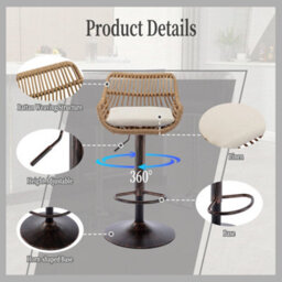 Abrihome Modern Swivel Bar Stools, 2-Pack Height Adjustable Wicker Chairs With Cushion & Floor Protectors, Counter Stools For Kitchen - thumbnail 5