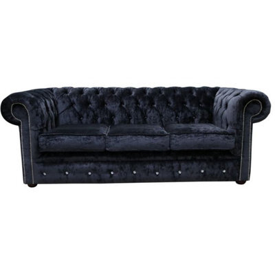Chesterfield Crystal 3 Seater Sofa Modena Black Velvet Fabric In Classic Style - image 1