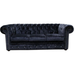 Chesterfield Crystal 3 Seater Sofa Modena Black Velvet Fabric In Classic Style - thumbnail 1