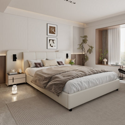 Matteo Upholstered Double Bed Frame 4Ft6 With Integrated Usb & Led Lights, Beige Faux Leather - image 1