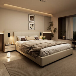Matteo Upholstered Double Bed Frame 4Ft6 With Integrated Usb & Led Lights, Beige Faux Leather - thumbnail 3