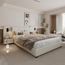 Matteo Upholstered Double Bed Frame 4Ft6 With Integrated Usb & Led Lights, Beige Faux Leather - thumbnail 1