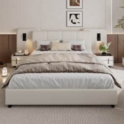 Matteo Upholstered Double Bed Frame 4Ft6 With Integrated Usb & Led Lights, Beige Faux Leather - thumbnail 6