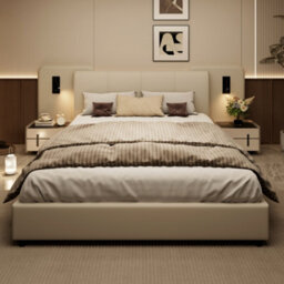 Matteo Upholstered Double Bed Frame 4Ft6 With Integrated Usb & Led Lights, Beige Faux Leather - thumbnail 4