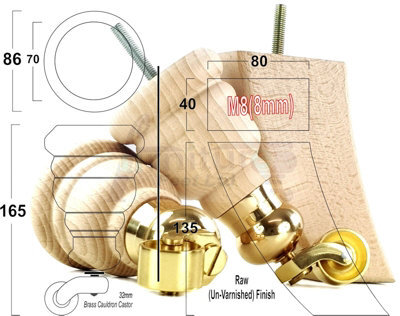 L&F Solid Wood Furniture Feet 2X With Brass Cauldron Castors 2X Curved Back Legs Raw Wood Sofas Chairs Stools  M8 Pkc165 - image 1