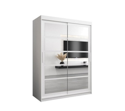 Arte Roma Ii White Elegant Sliding Door Wardrobe H2000mm W1500mm D620mm With Mirrored Panels And Silver Handles - image 1