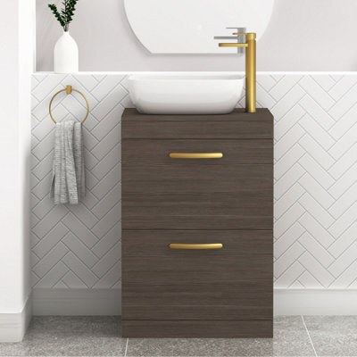 Royal Bathrooms 600mm Grey Elm 2 Drawer Free Standing Bathroom Vanity Unit With Basin & Elva Countertop Sink With Brushed Brass Handle - image 1